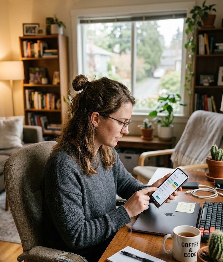 Freelancer providing live chat support from a home office